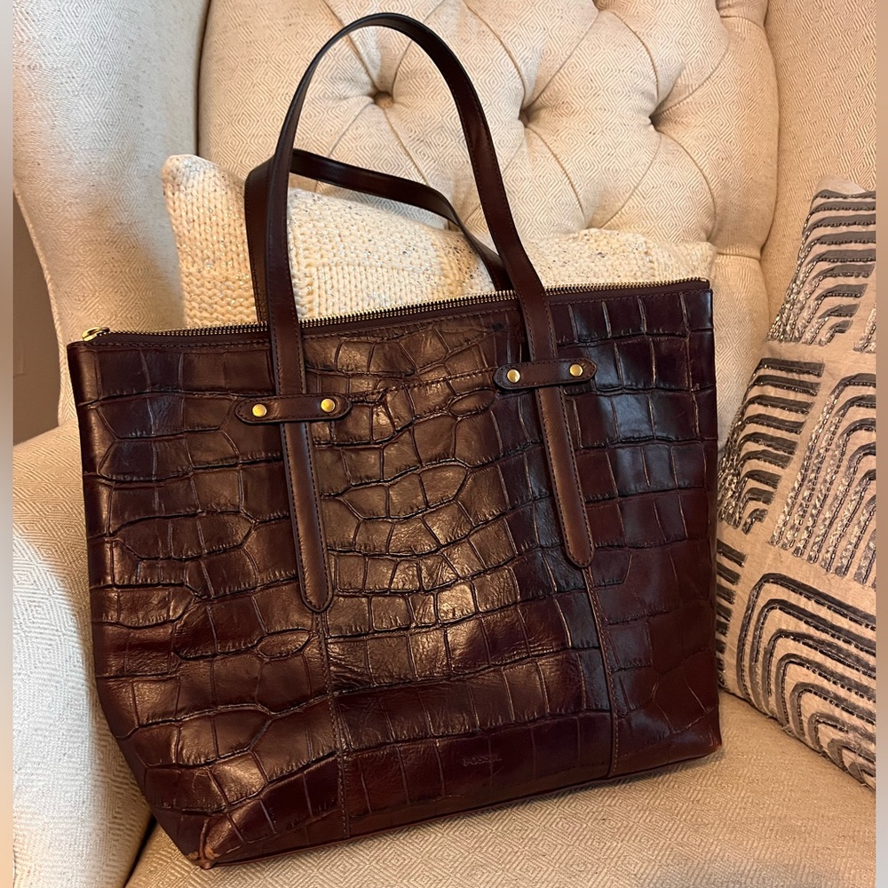 Fossil Felicity Brown Croco Leather Tote